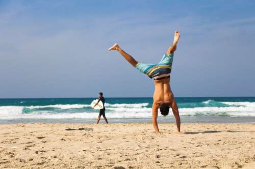 Handstand Beach Sea Ocean Sand Exercise Young