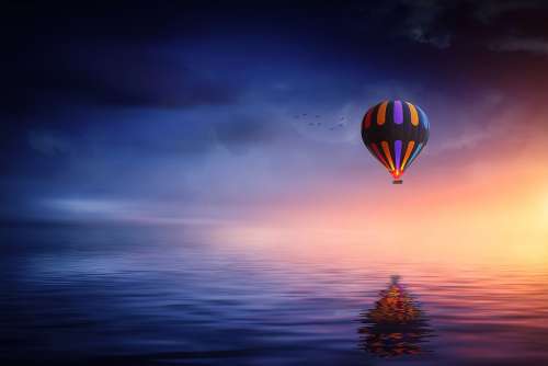 Hot Air Balloon Lake Balloon Sunset Blue Yellow