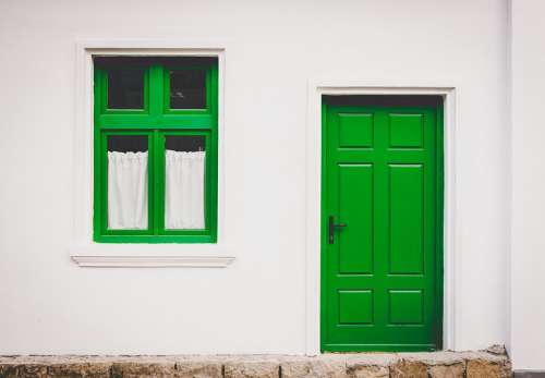 House Front Green Door Window Entrance Home