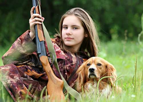 Hunter Girl Dog Hunting Rifle Gun Nature Weapon