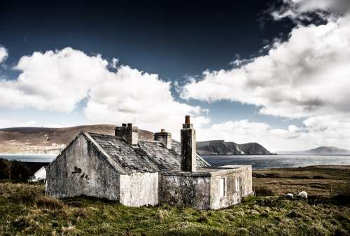 Hut Ruin Ireland House Sea Clouds Landscape