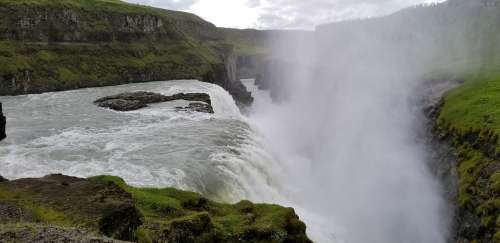 Iceland Waterfall Landscape Water Rock Hills