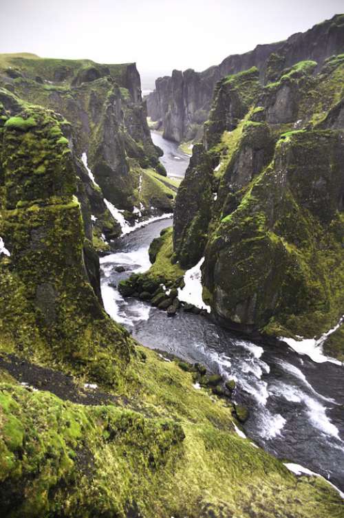Iceland Landscape Waterfall Rock Moss Nature Reef