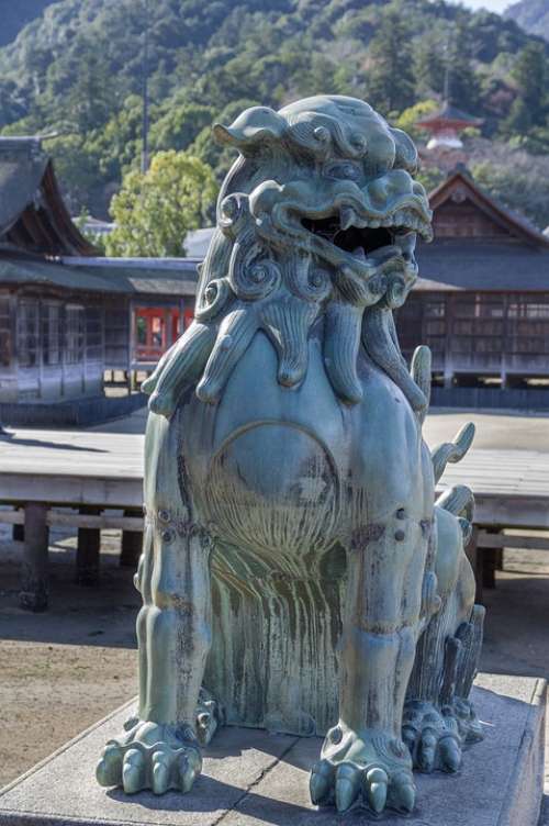 Japan Miyajima Lion Statue Temple