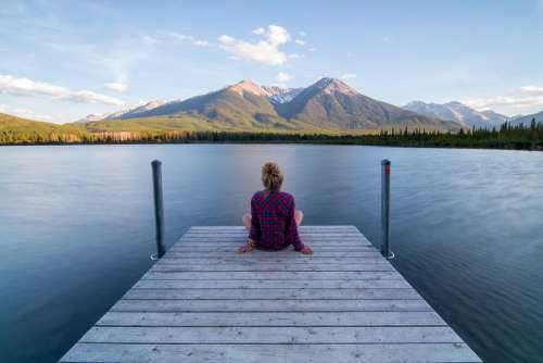 Jetty Woman Sitting Relaxing Dock Lake Landscape