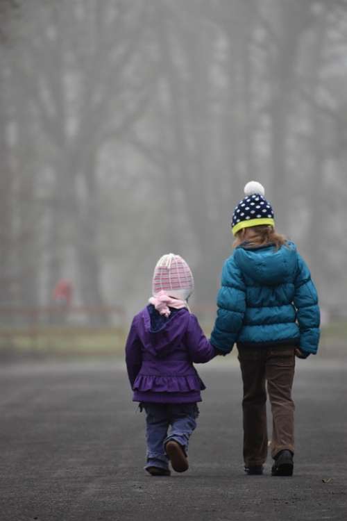 Kids Girls Walking Forest Fog Path Trees