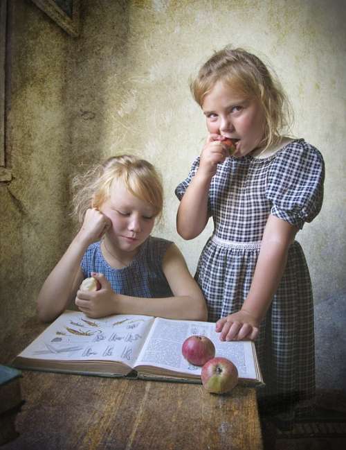 Kids Book Retro Apples Girls Reading Sisters