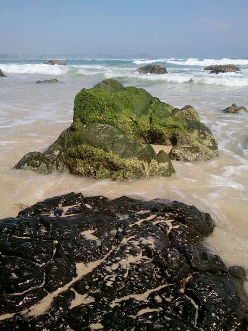 Kirra Beach Rocks Beach Ocean Moss Coast