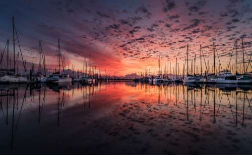 Landscape Yacht Sunrise Reflection Sea Water