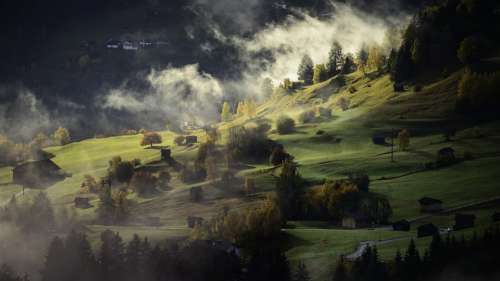 Landscape Autumn Fog Village Twilight Afternoon