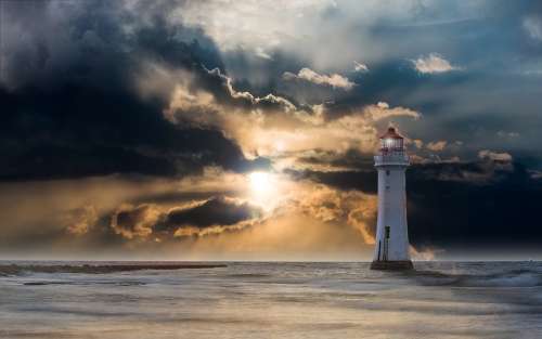 Lighthouse Glow Evening Clouds Sunset Ocean Sea