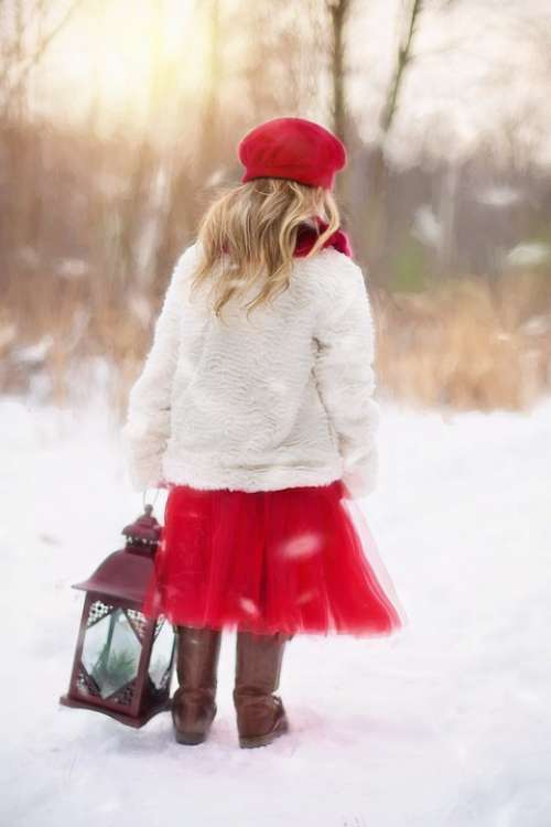 Little Girl Winter Snow Red Lantern Cold