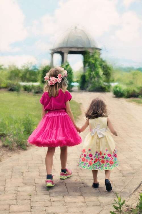 Little Girls Walking Summer Outdoors Pretty