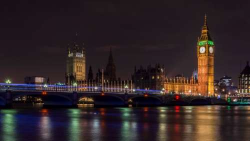 London Bridge Night Clock Thames England Uk