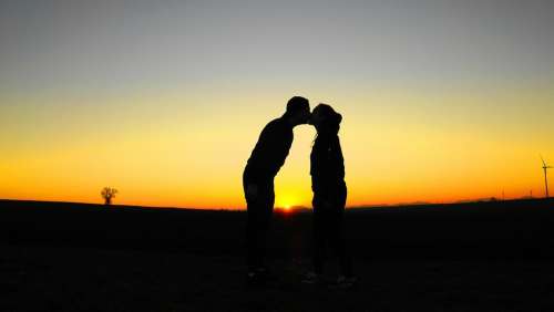 Love Kiss Young Couple Evening Sky Silhouette Pair