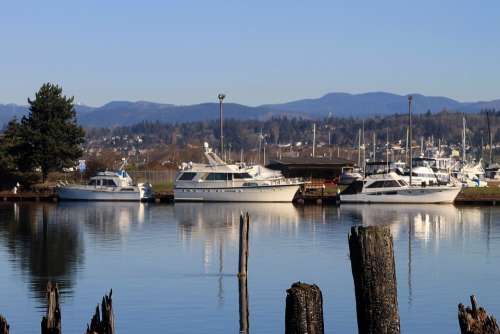 Marina River Boats Mountains