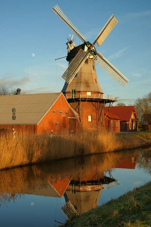 Mill Mirroring Water Idyllic Sky Landscape Rest