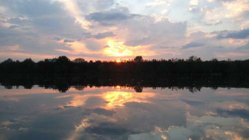 Mirroring Forest Sunset Lake Orange Sky Mood