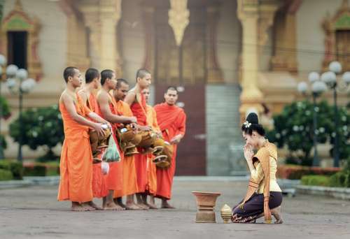 Monks Praying Prayer Bangkok Asia Believe Buddha