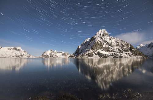 Mountain Reflection Stars Night Sky Star Trails
