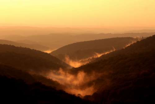 Mountains Sunset Haze Fog Mist Nature Landscape