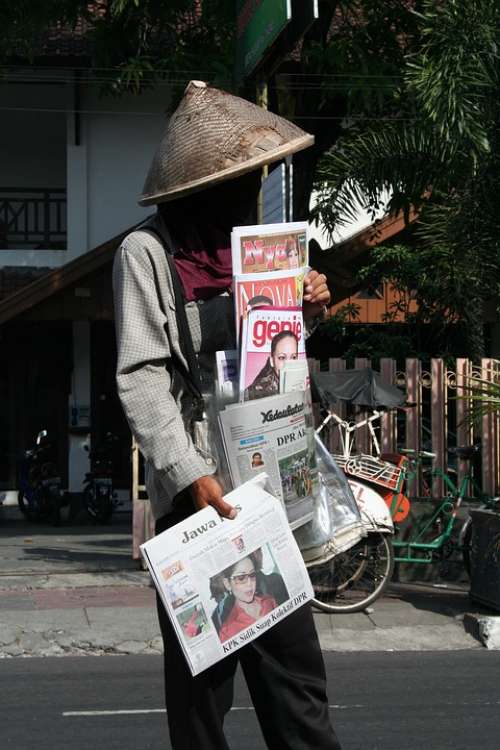 Newspaper Seller Indonesia Road Asia Vacations Hat