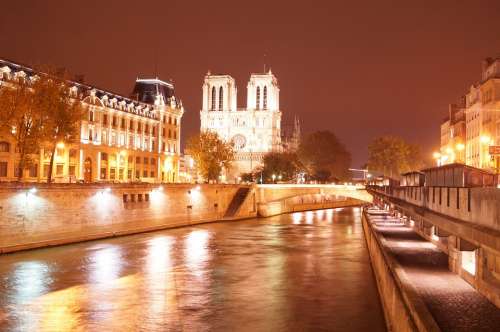 Notre Dame Paris Seine River Bridges City Night