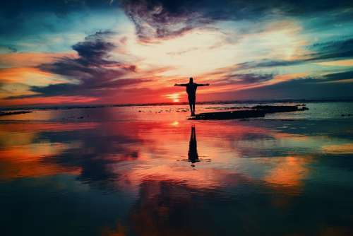 Ocean Sunset Person Silhouette Freedom Seo Beach