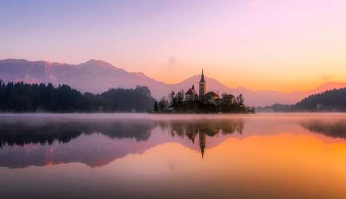 Panorama Bled Island Slovenia Sunrise Dawn Church