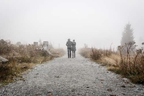 People Walking Path Foggy Fog Couple Rural