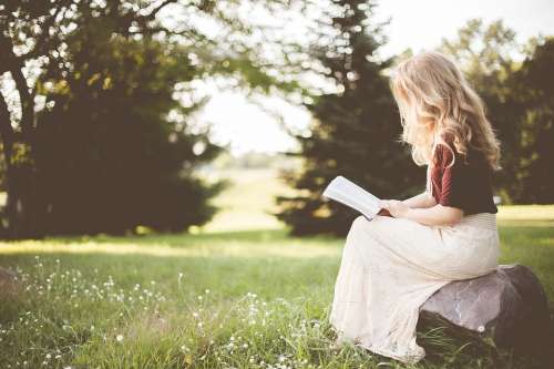 People Girl Alone Sitting Rock Reading Book