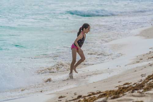 People Person Girl Running Ocean Waves Foamy