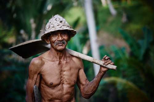 Person Old Man Worker Hat Asian Shovel Hard