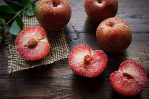 Plums Ripe Healthy Sliced Half Food Fresh Fruit