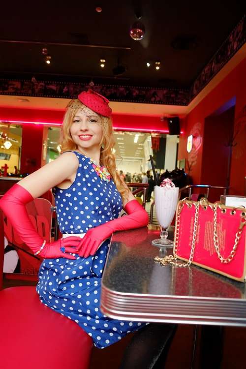Polka Dot Dress Red Gloves Retro Bistro Vintage Cafe