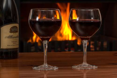Red Wine Glasses Log Fire Red Wine Alcohol Drink