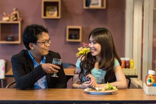 Restaurant Flirting Couple Cheers Food Adult Asia