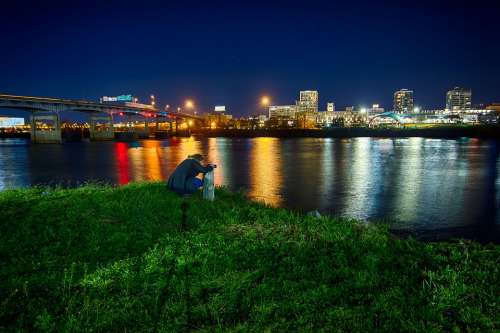 River Night Cityscape Arkansas Reflections City
