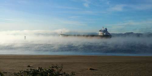 River Fog Ship Sunrise