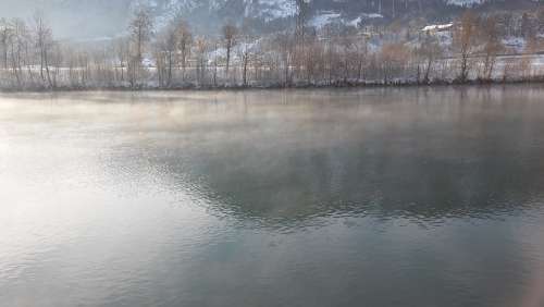 River Drau Fog Winter Mirroring Snow Mood