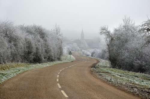 Road Village Winter Landscape Nature Fog Frost