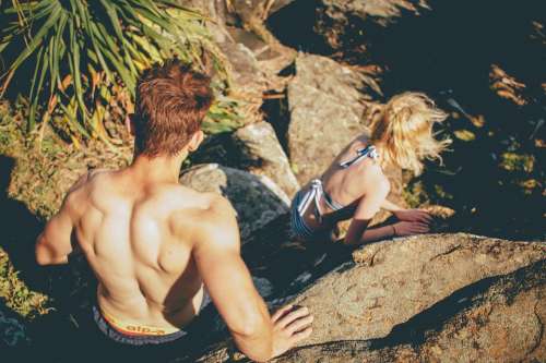 Swimsuit Couple Man Muscles Muscular Woman Rocks