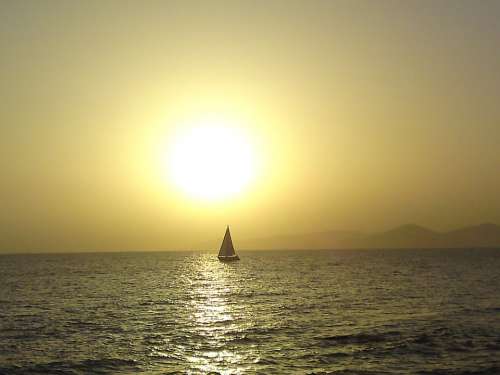 Sailboat Sunset Yacht Nature Horizon Sun Wave