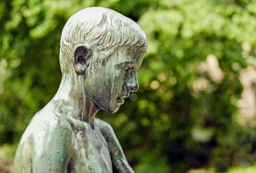 Sculpture Bronze Child Boy Mourning Park Freiburg