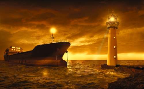 Sea Ocean Boat Lighthouse Light Sunset Sky