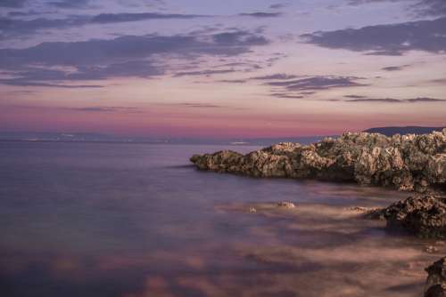 Sea Purple Sky Clouds Summer Greece Coast Beach