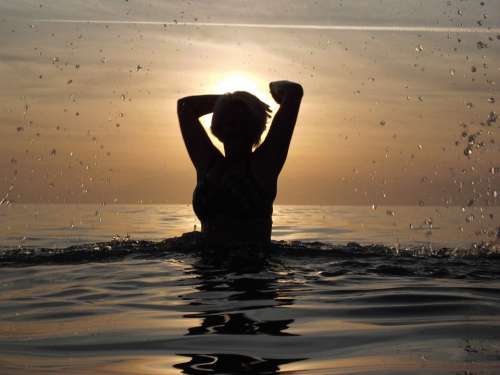 Sea Woman Swim Silhouette Sun Inject Paddling