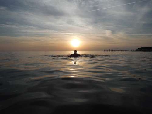 Sea Man Swim Silhouette Sun Vacations Sunset Sky