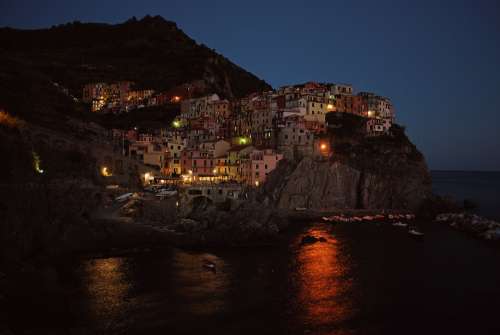 Seaside Cinque Terre Night Buildings Lights Sea