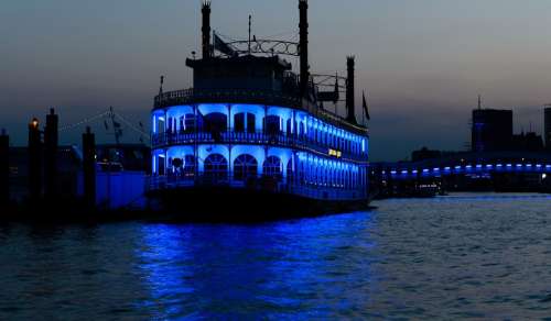 Ship Blue Port Night Lighting Boat River